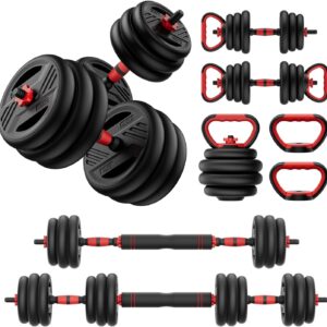 Adjustable Dumbbell Set, 20/30/45/70/90lbs Free Weight Set With Double Locknut, 5-in-1 Dumbbells Set Includes Barbell, Kettlebells, Push up Stand, Weight Plate, Fitness Exercise for Home Gym Suitable Men/Women