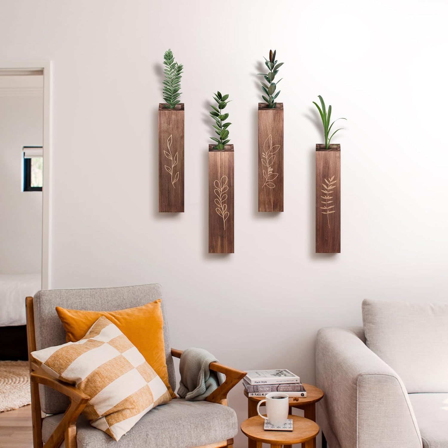 4 Pack Wood Indoor Wall Planter, Modern Boho Wall Decor for Living Room Bedroom, Farmhouse Pocket Vases for Dried Flowers and Faux Greenery Plants - Brown - Image 6