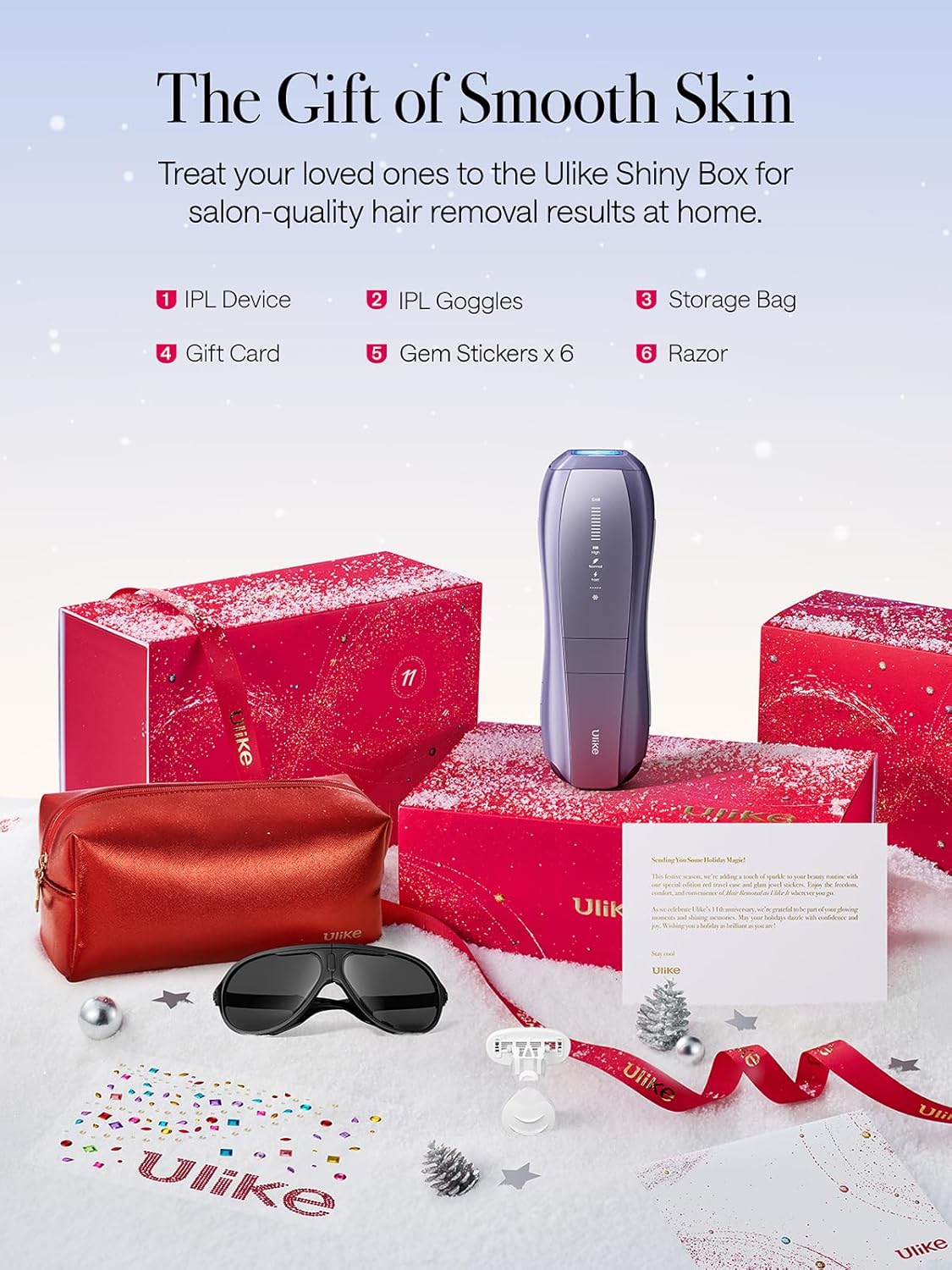 Ulike Laser Hair Removal, Air 10 IPL Hair Removal Device with Ice Cooling, Dual Lights, SHR Mode for Women & Men, Limited Holiday Set with Aloe Vera Gels, Gem Stickers, Christmas Cards & Storage Bag - Image 2