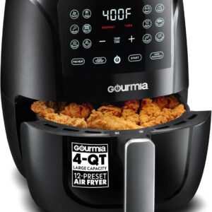 Gourmia Air Fryer Oven Digital Display 4 Quart Large AirFryer Cooker 12 1-Touch Cooking Presets, Black and Stainless Steel Accents Fry Force GAF486