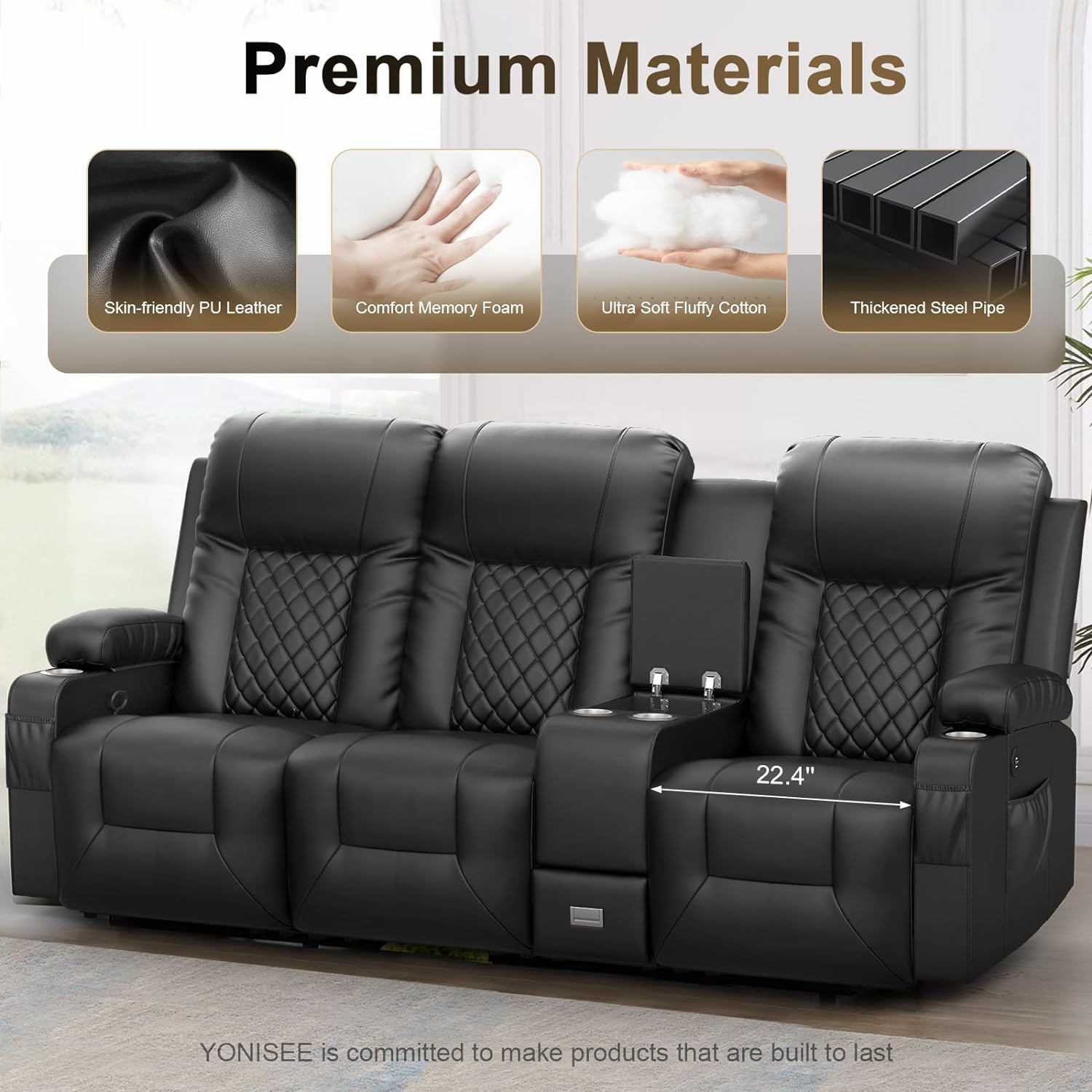 YONISEE 3 Seat Recliner Sofa, Large Reclining Sofa with Storage Console, Manual Reclining Chair with USB Ports, 2 Cell Phone Holder, 3 Seater Loveseat Recliner Couch for Living Room - Image 5