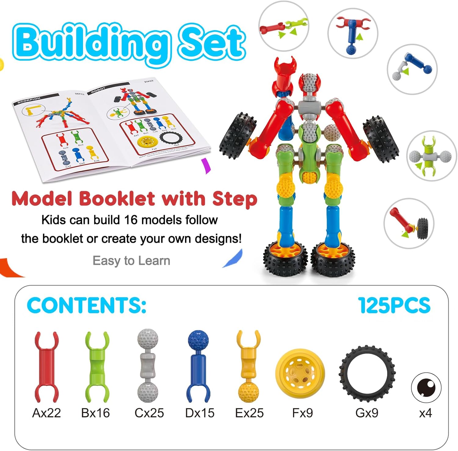 Kids STEM Building Toys for 3 4 5 6 7 8+ Year Old Boy Girl Birthday Gift, 125 Pcs Preschool Classroom Educational Building Blocks Stem Kits Activities Ages 3-5 4-8 5-7 6-8 Engineering Creative Games - Image 4