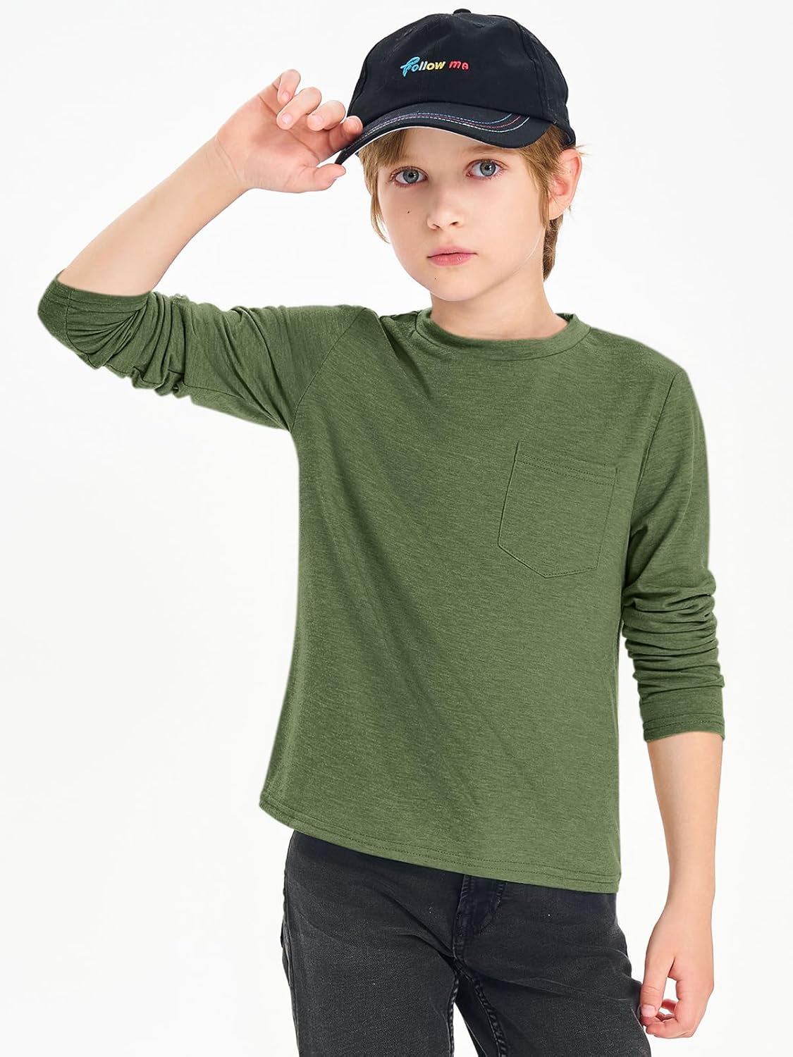 Haloumoning Boys Long Sleeve Shirts Kids Crewneck T Shirts Casual Tops Tees with Chest Pocket 5-14 Years - Image 2