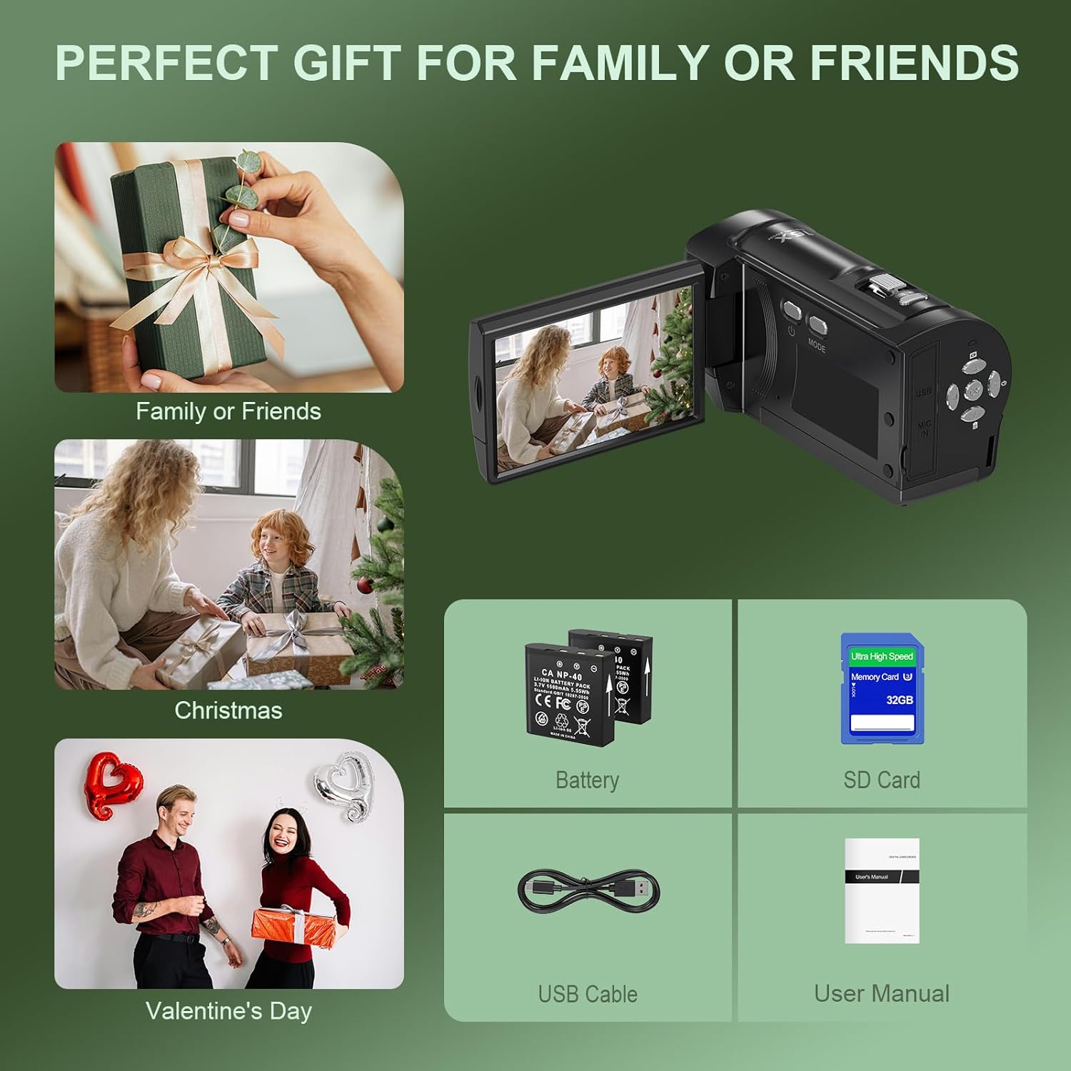 2.7K Video Camera Camcorder 16X Digital Zoom QHD 50MP YouTube Vlogging Camera Webcam 270 Degree Rotation Screen Camcorders with 32G SD Card and 2 Batteries Recording While Charging - Image 7