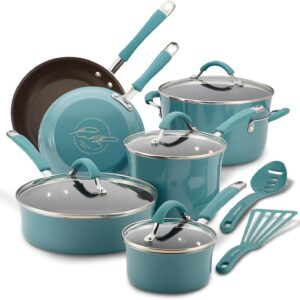 Rachael Ray Cucina Nonstick Cookware Pots and Pans Set, 12 Piece, Agave Blue