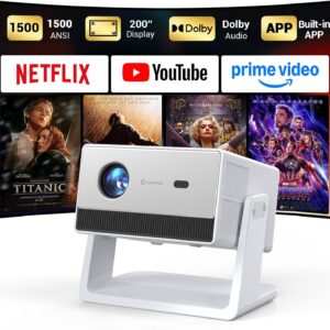 Smart Mini Projector, 1500 ANSI Portable Projector with WiFi and Bluetooth, HAPPRUN 4K Full HD Home Theater with 270° Stand, Dolby Sound, Built-in Apps,Compatible with Phone & PC, Indoor & Outdoor Use