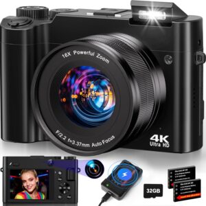 4K Digital Camera for Photography – 64MP Autofocus Vlogging Camera for YouTube with Dual-Lens – 16X Digital Zoom Anti Shake 3” Selfie Compact Travel Camera with Flash, 2 Batteries, Charging Stand