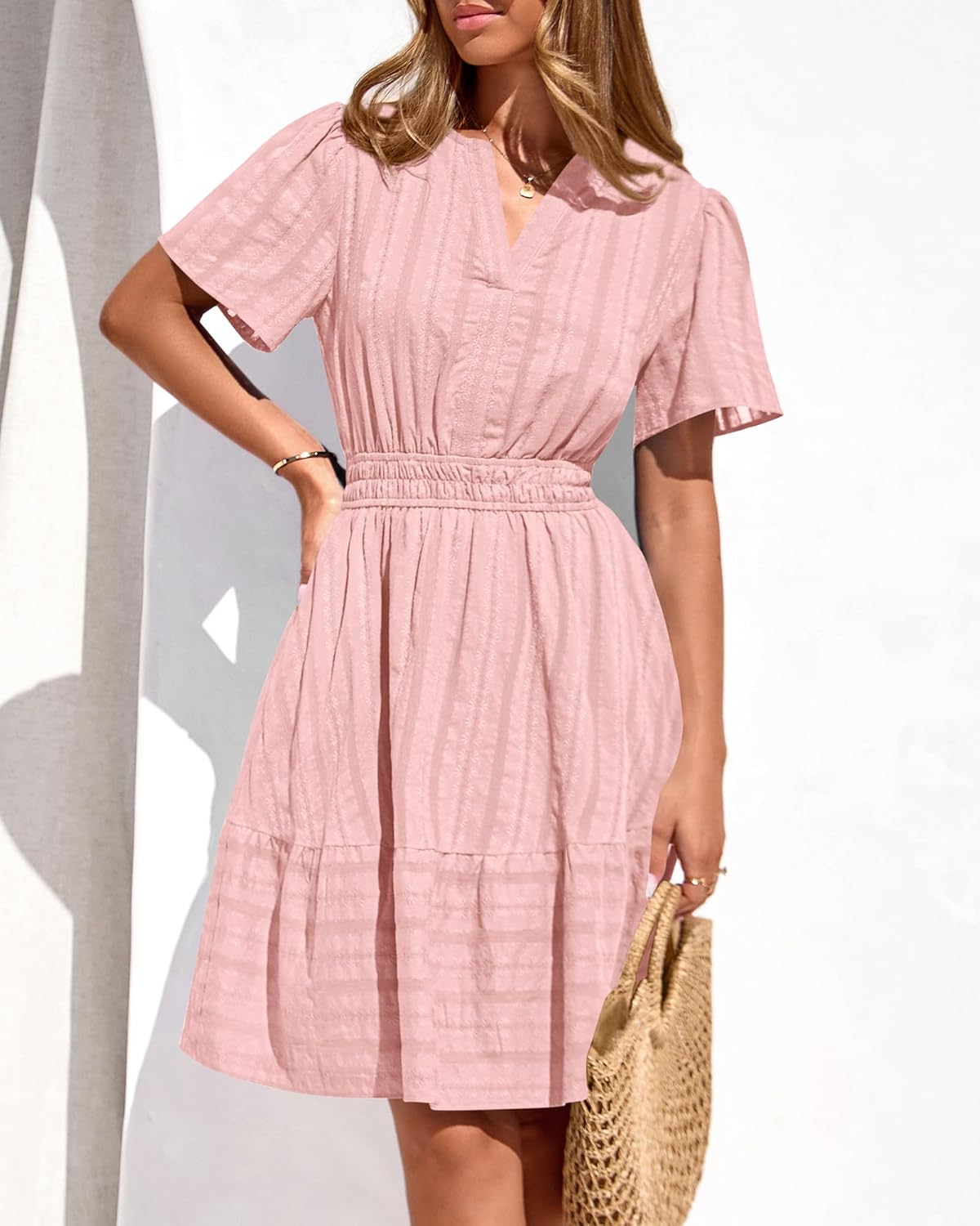 BTFBM Womens Spring 2026 Casual Mini Dresses Lightweight Short Sleeve V Neck Elastic Waist Cute Boho Beach Dress Pockets - Image 2