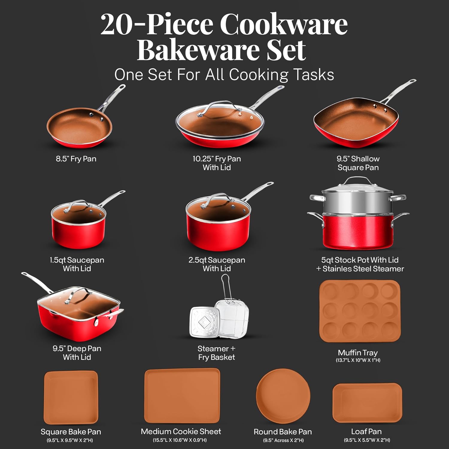 Gotham Steel 20 Pc Pots and Pans Set Nonstick Cookware + Bakeware Set, Complete Ceramic for Kitchen, Non Stick with Lids, Dishwasher / Oven Safe, Toxic - Red - Image 2