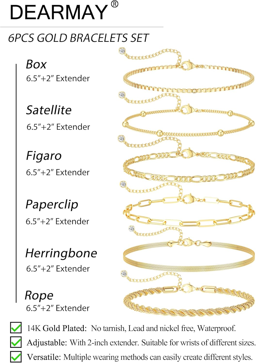 DEARMAY Gold Bracelets for Women Waterproof, 14K Gold Plated Jewelry Sets Trendy Thin Dainty Stackable Cuban Link Paperclip Chain Bracelet Pack Fashion Accessories Gifts for Womens - Image 6