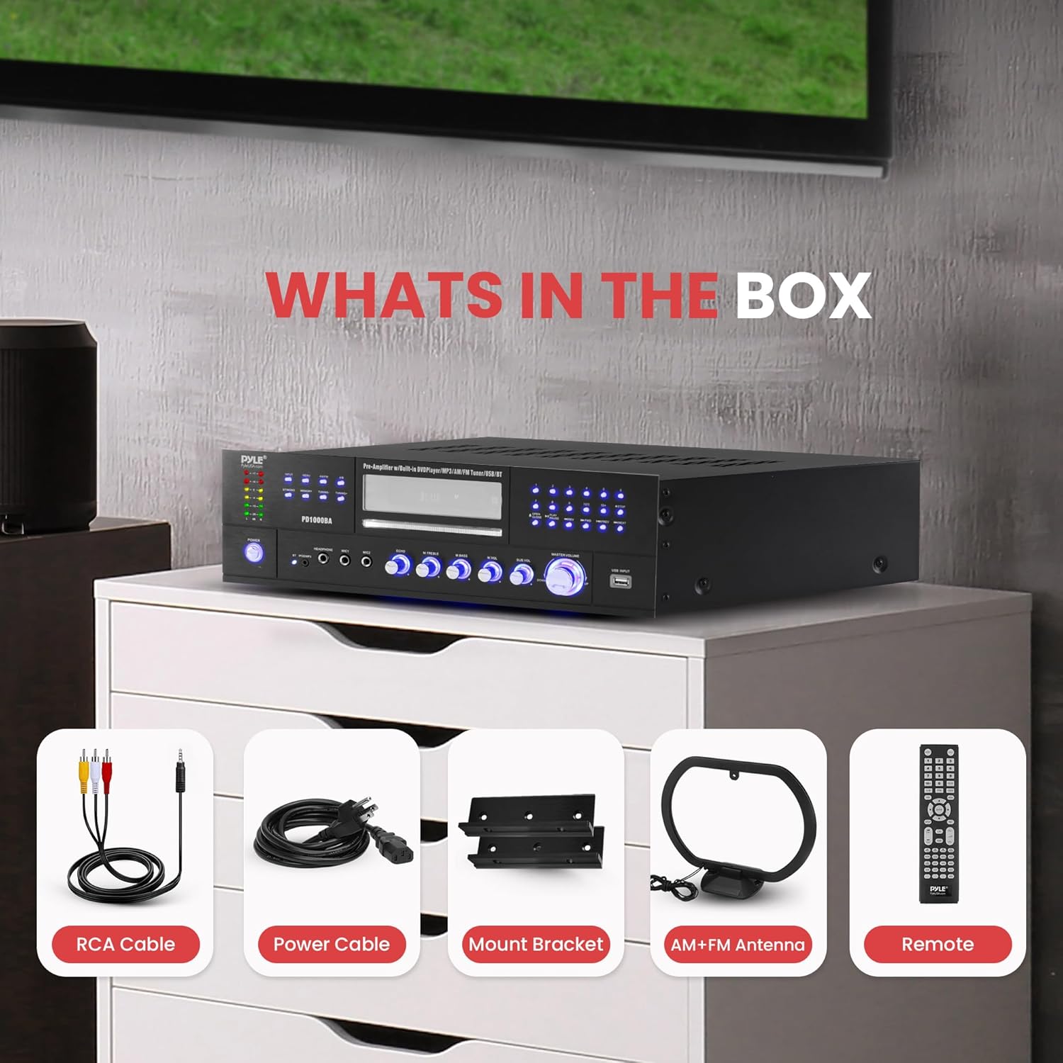 Pyle 4-Channel 1000W Power Amplifier with Bluetooth - Wireless Stereo Home Audio Receiver w/ Front Loading CD DVD Player, FM Radio, USB-A, Headphone, 2 Microphone w/ Echo, LED, Rack Mount - PD1000BA - Image 7