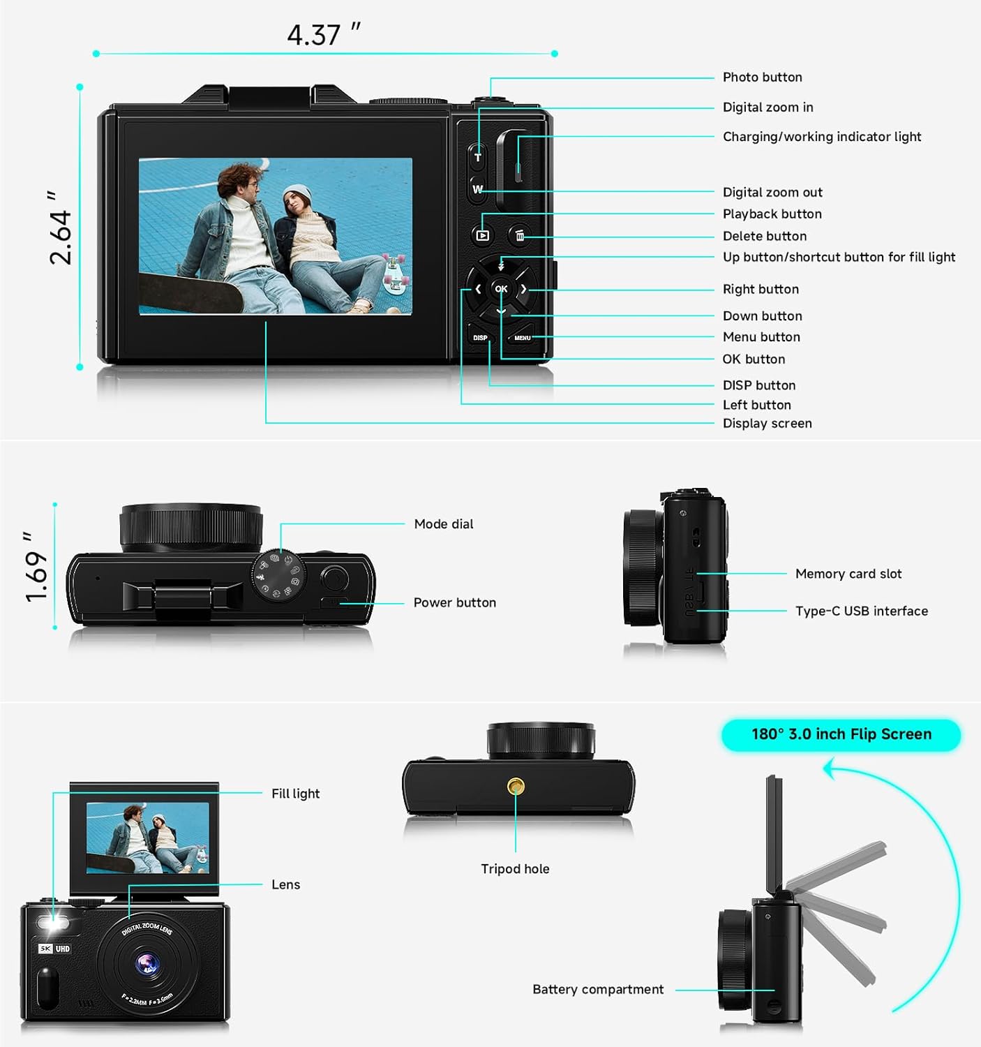 Digital Camera, UHD 5K Travel Camera 80MP Compact Cameras with 18X Zoom Vlogging Camera for YouTube with Flip Screen 3" 180° Video Cameras with 64GB SD Card for Beginners & Adults (Black) - Image 7