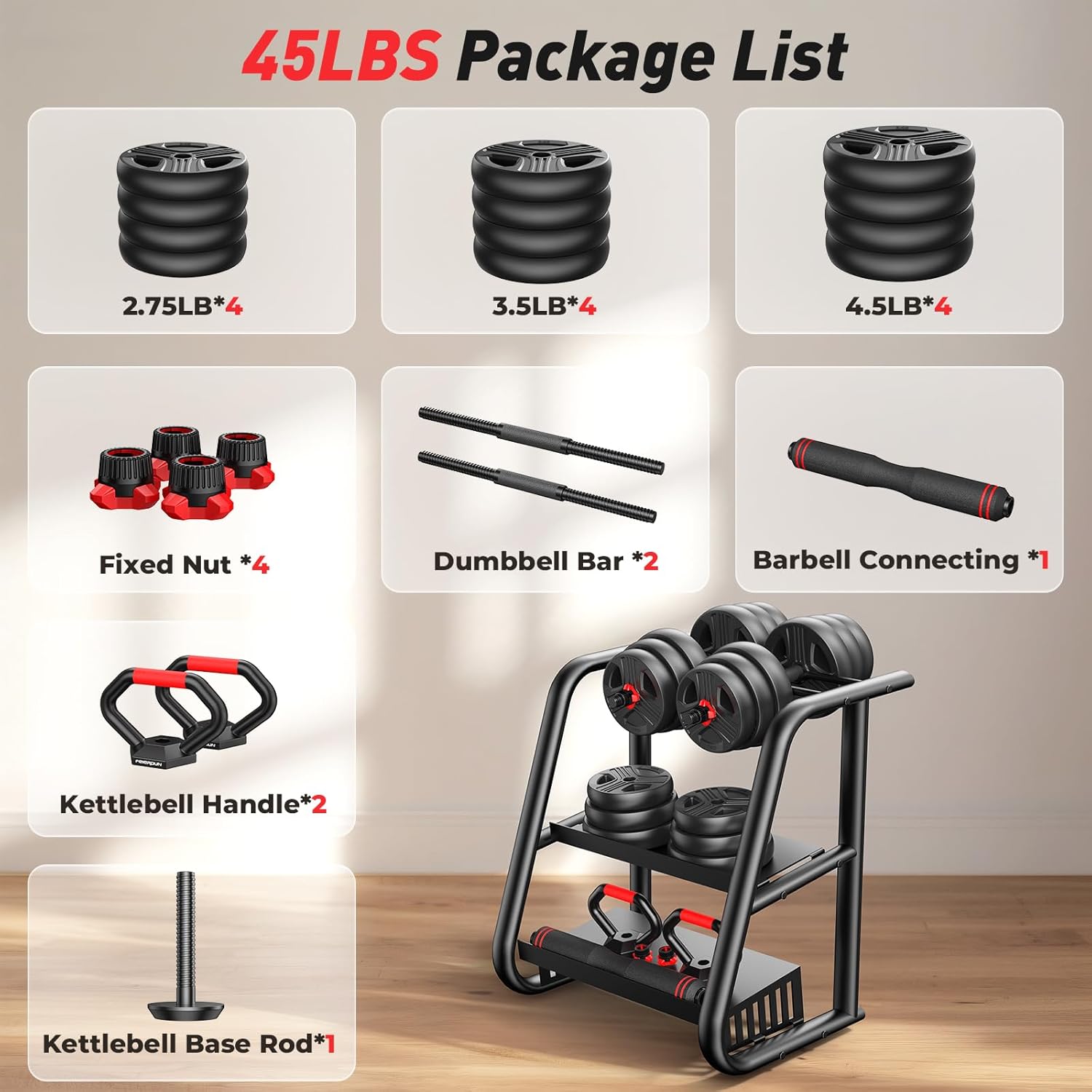 Adjustable dumbbell set,20/35/45/55/70/90lbs Free Weights set with upgraded nut, 5 in 1 Weight Set Used as Kettlebells, Barbell, Push up Stand, Fitness Exercise for Home Gym Suitable Men/Women - Image 9