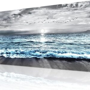 Wapluam Large Canvas Wall Art For Living Room & Bedroom Decor – Black & White Blue Sea Wave Pictures – Framed Beach Posters