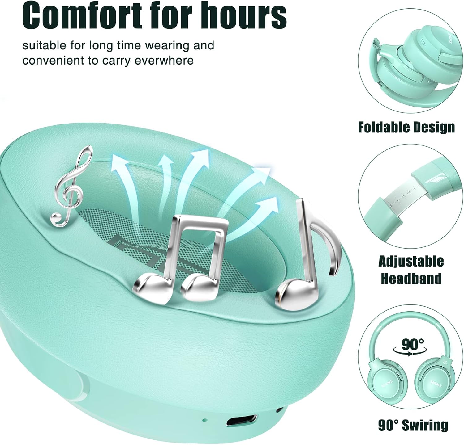 BERIBES Bluetooth Headphones Over Ear, 65H Playtime and 6 EQ Music Modes Wireless Headphones with Microphone, HiFi Stereo Foldable Lightweight Headsets, Deep Bass for Home Office Cellphone PC Ect. - Image 4