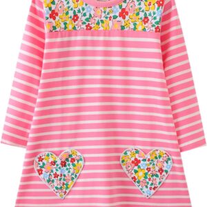 HILEELANG Toddler Girl Long Sleeve Dress Stripe Rainbow Christmas Cotton Casual Tunic Playwear Basic Shirt Party Dresses