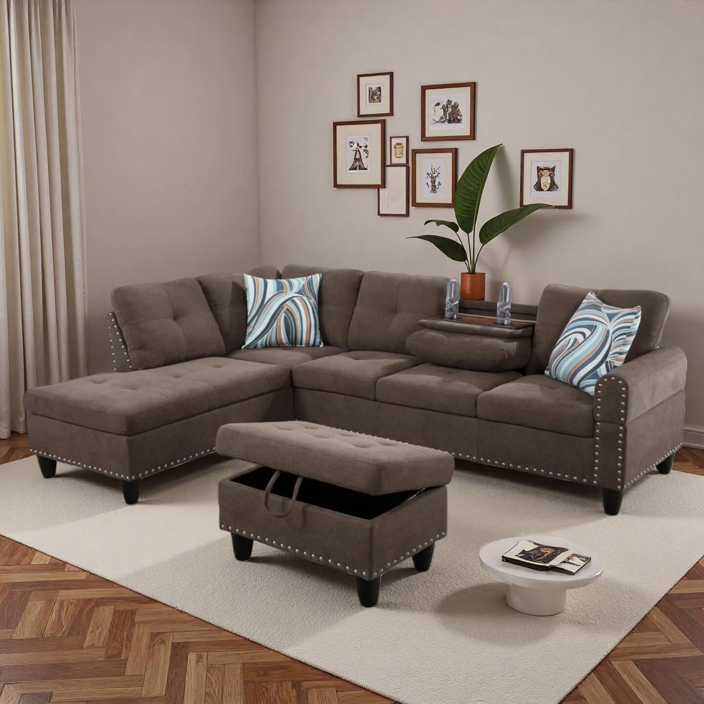 L-Shaped Sectional Sofa with Movable Chaise & Storage Ottoman, Lounge 3-Piece Modular Convertible Couches for Living Room, Apartment & Office, Brown - Image 7