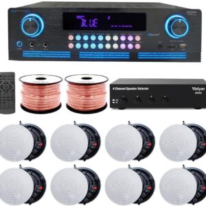 Home Theater System Kit – 2000 W Bluetooth Amplifier w/ 8 Qty of 6.5″ Frameless Ceiling Speakers 200 W Each, 4-Ch Speaker Selector, 500 ft Speaker Wire & Remote for Home, Office, Bar – Vaiyer