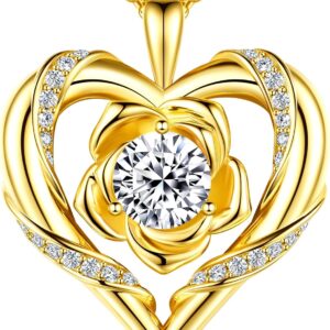 Beam & Bask Rose Flower Heart Moissanite Necklaces for Wife, S925 Silver Pendant for Women, 18K Gold Plated Jewelry for Her Girlfriend Mom for Anniversary Birthday
