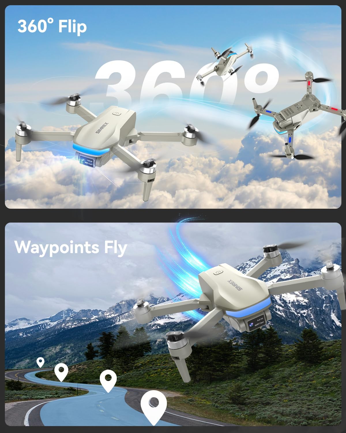 SIMREX Drone with Camera for Adults 4K, Brushless Motor Drones for Kids Beginners,FPV Foldable, Optical Flow & Altitude Hold, WiFi Live Video, Gesture/Voice Controlt,Toys Gifts for Teen Boys (Gray) - Image 8