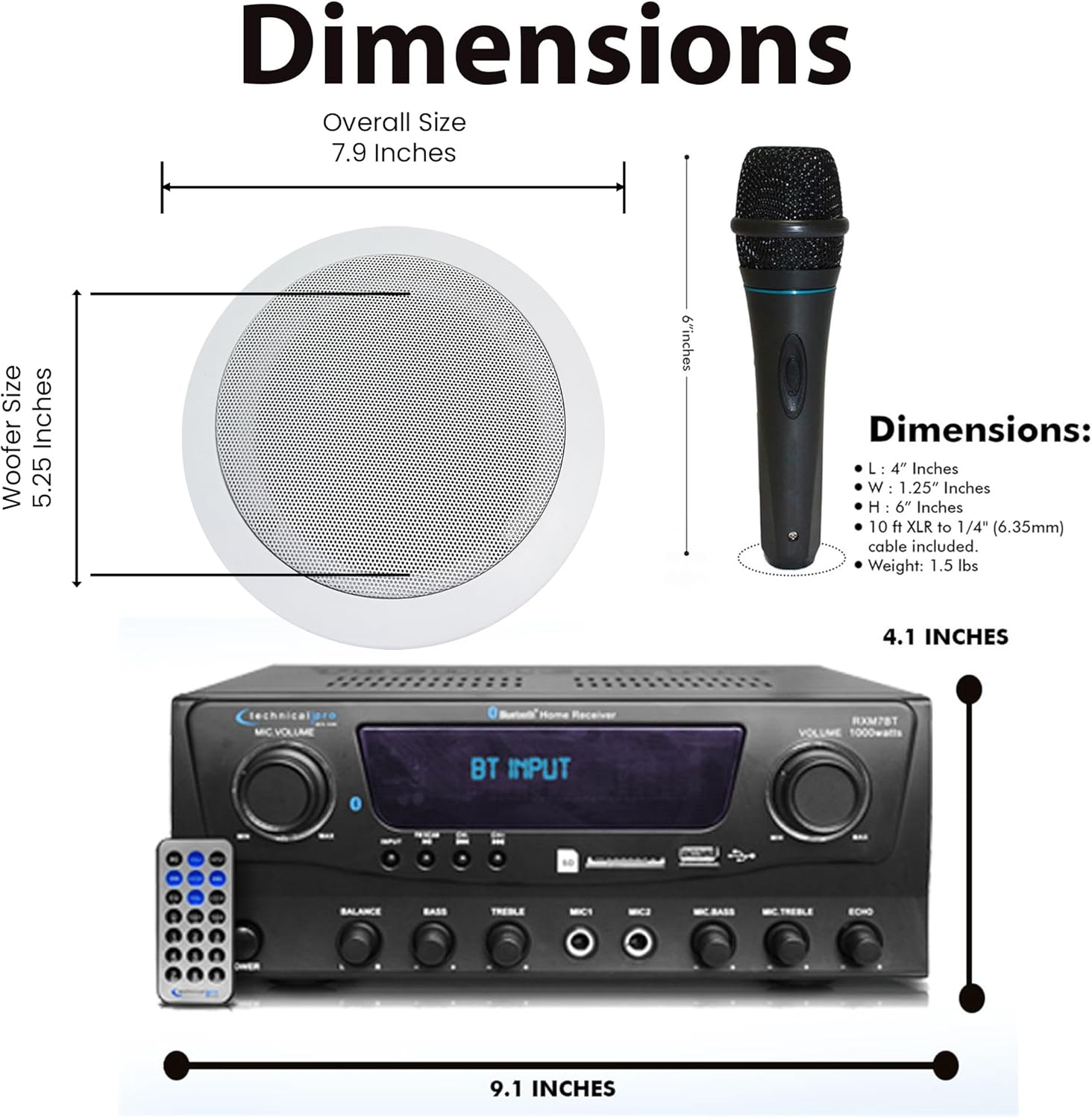 Home Theater System Kit 1000 Watts Bluetooth Receiver w/ 6 Qty 5.25" 175 Watts Each in-Wall in-Ceiling Speakers with Portable Microphone & Remote Control by Technical Pro - Image 2