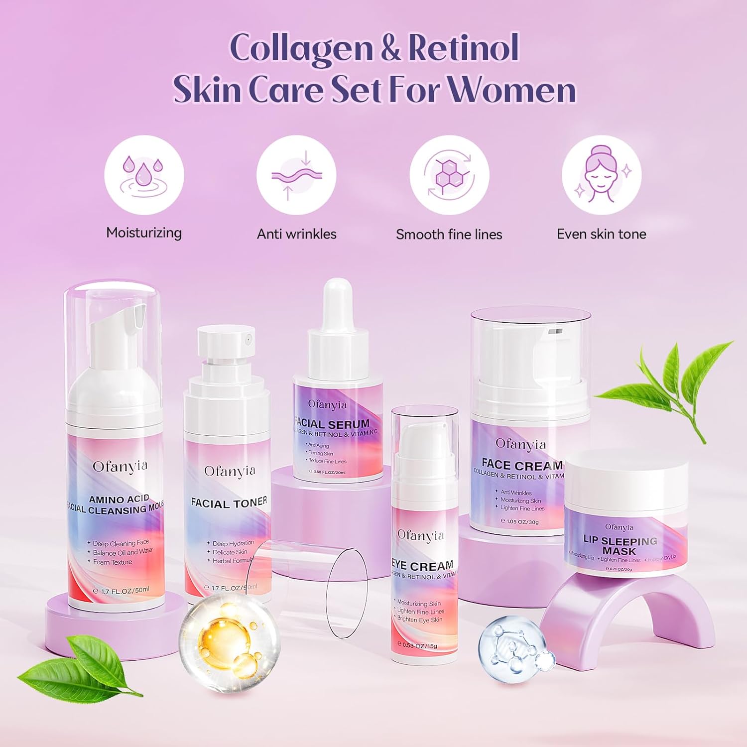 Ofanyia Collagen Retinol Skincare Set, 6 Pcs Anti-Aging Skin Care Set with Hydrating Cleanser, Eye Cream, Toner, Cream & Lip Mask, Facial Kit for Women, Christmas Valentines Birthday Gift for Her - Image 2