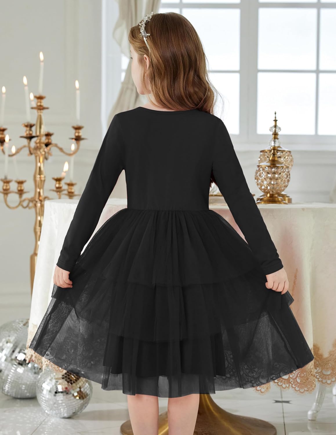 Arshiner Toddler Tutu Dress Girls Long Sleeve Fall Winter Tiered Formal Party Tulle Dresses for Kids 2-6Y - Image 4