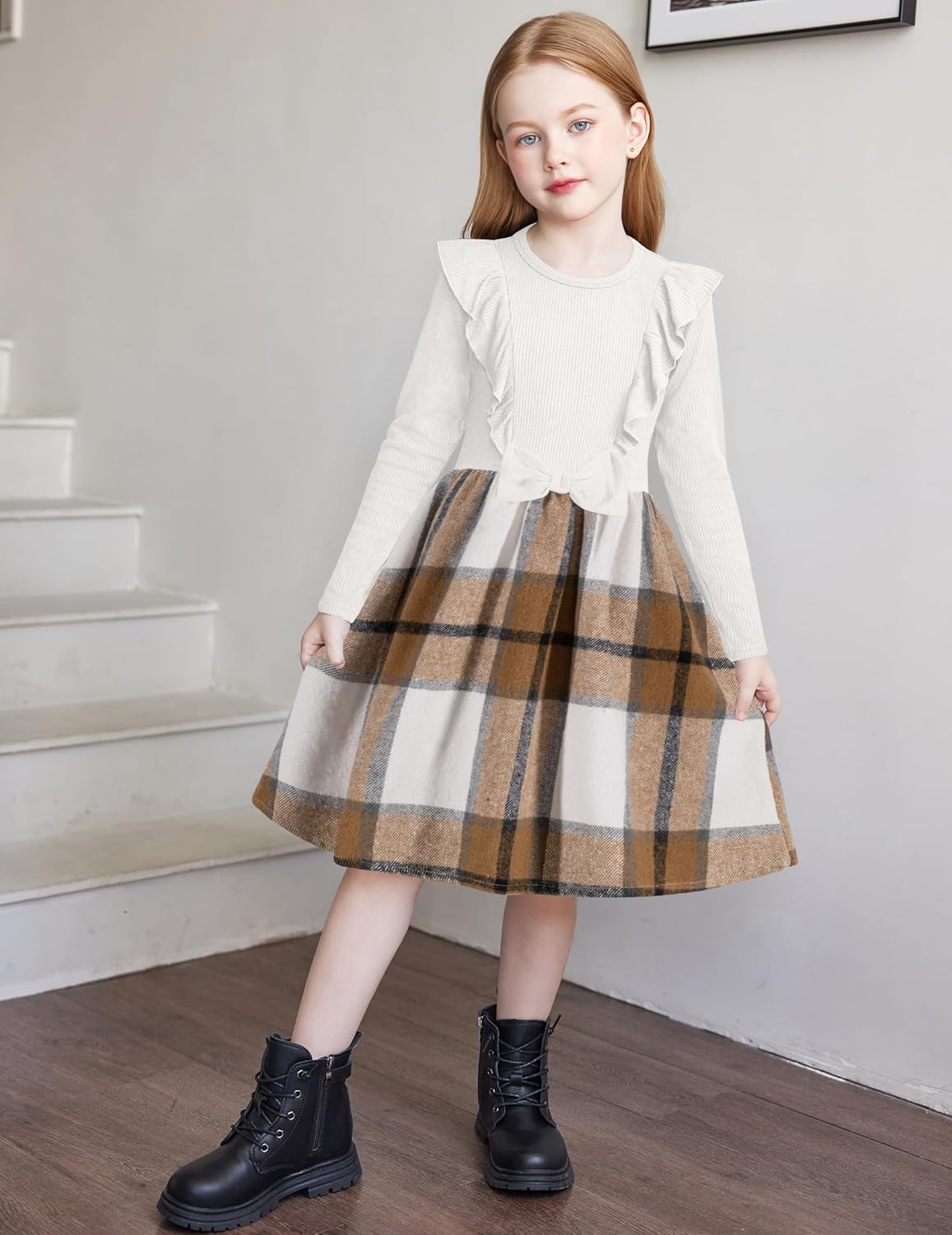 Arshiner Girls Fall Winter Dress Plaid Ribbed Ruffles Long Sleeve Dresses Cute Bowknot Little Girls Clothes 2-6 Years - Image 2