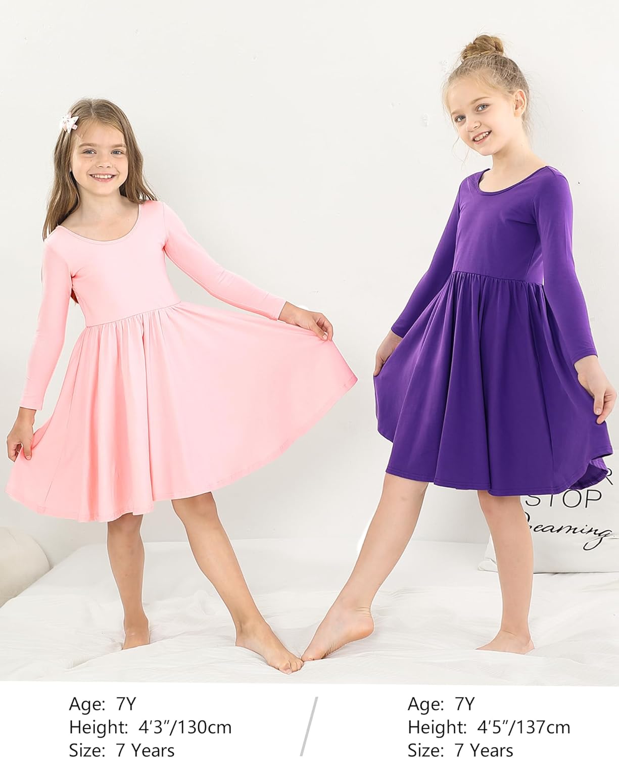 Stelle Long Sleeve Girls Dress Toddler White Dresses Skater Twirl Cotton A-Line Dress for School Casual - Image 5