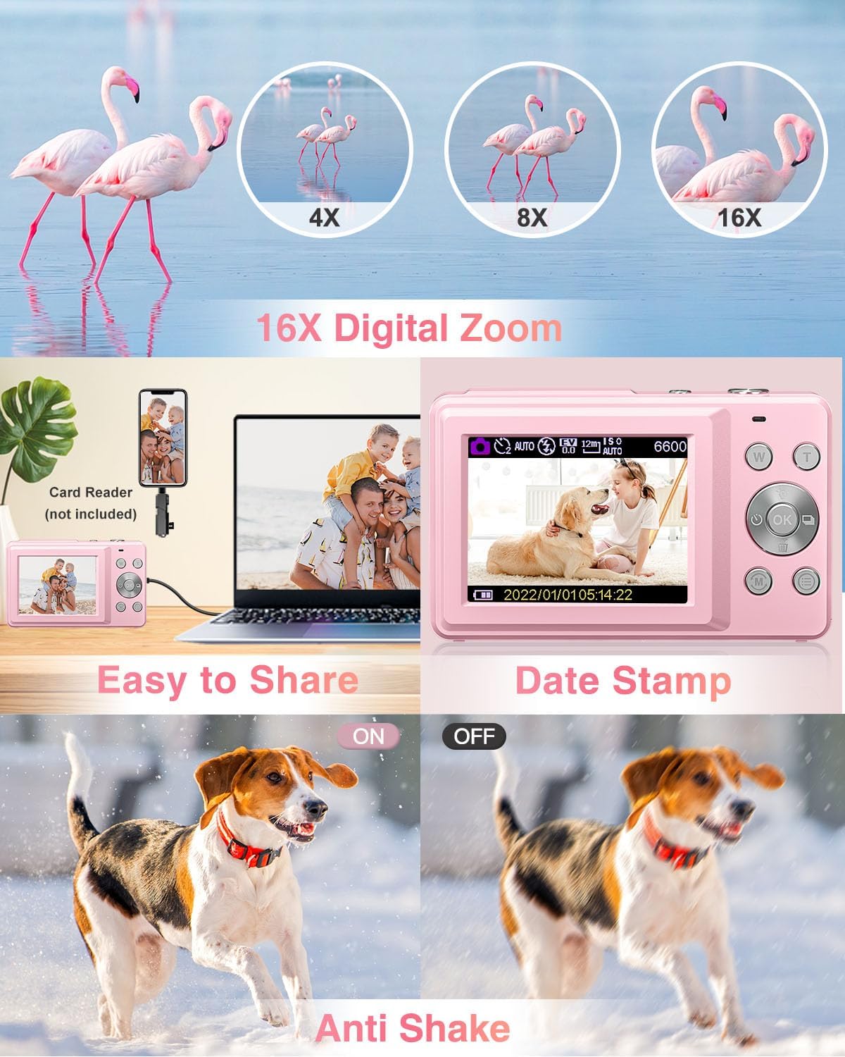 Digital Camera, FHD 1080P Point and Shoot Kids Camera, with 32GB Card, 2 Batteries, 16X Zoom Anti Shake Date Stamp, Compact Portable Small, for Starter Kid Children Teen Student Girl Boy(Pink) - Image 5