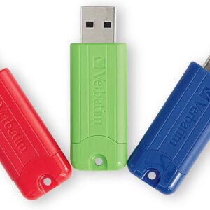 Verbatim 128GB Pinstripe USB 3.2 Gen 1 Flash Drive Retractable Thumb Drive – 3 Pack – Multicolor (Green, Blue, Red)
