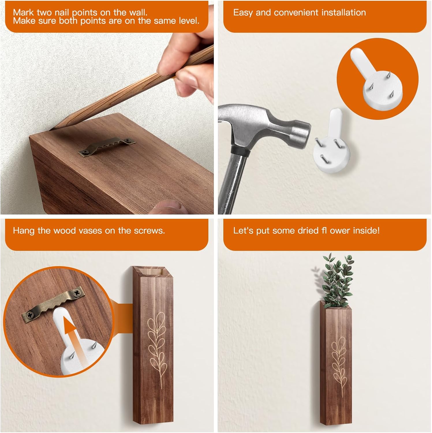 4 Pack Wood Indoor Wall Planter, Modern Boho Wall Decor for Living Room Bedroom, Farmhouse Pocket Vases for Dried Flowers and Faux Greenery Plants - Brown - Image 5