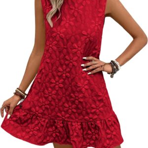 SOLY HUX Women’s Ruffle Hem Sleeveless Tank Dress Round Neck Casual Jacquard Hem Smock Summer Mini Dresses