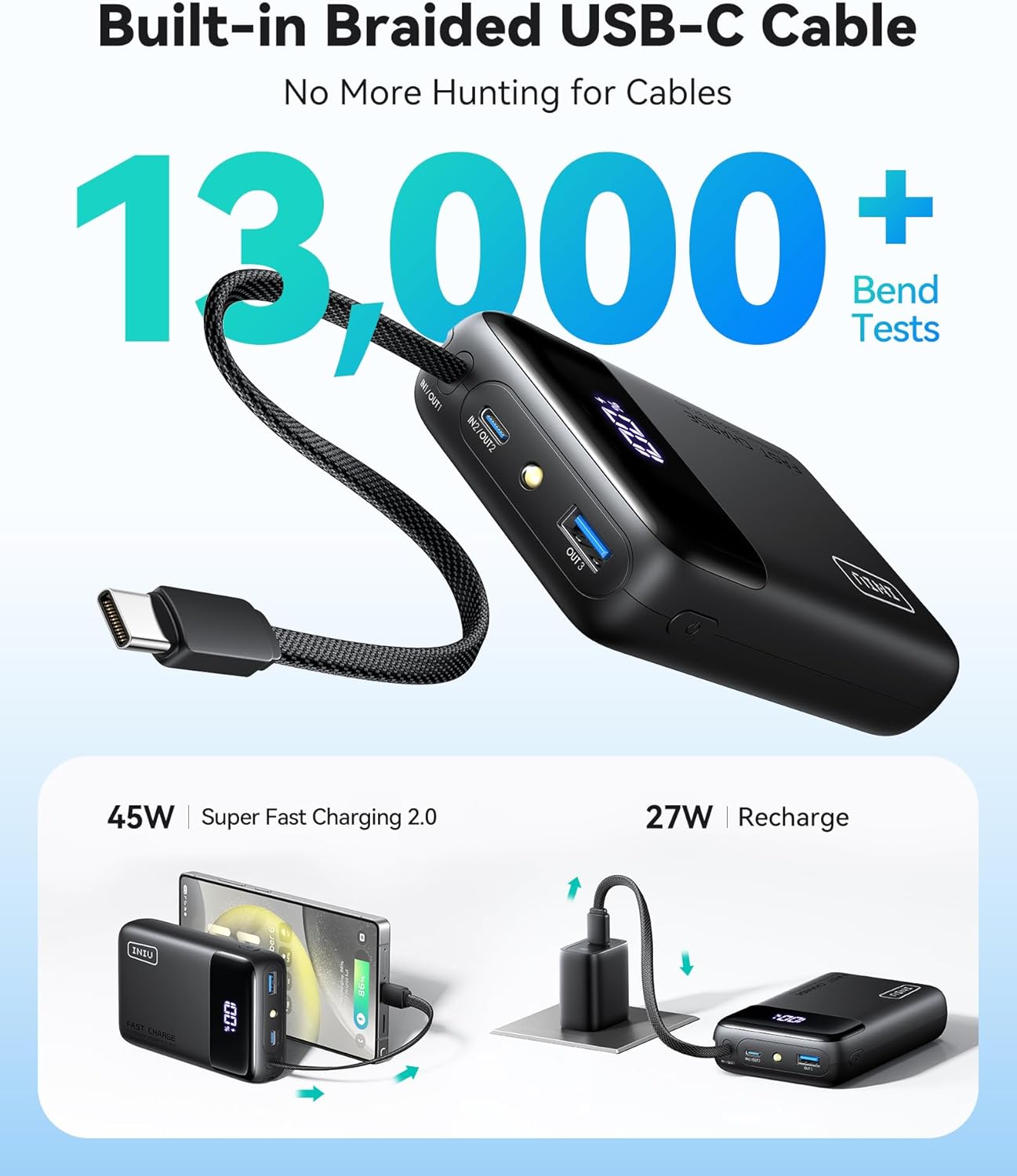 INIU 45W Portable Charger, Smallest 20000mAh Power Bank with Build in USB-C Cable, Fast Charging USB C in&Out Battery Pack, Travel Phone Charger for iPhone 17 16 15 Air Samsung S25 S24 Google iPad etc - Image 4