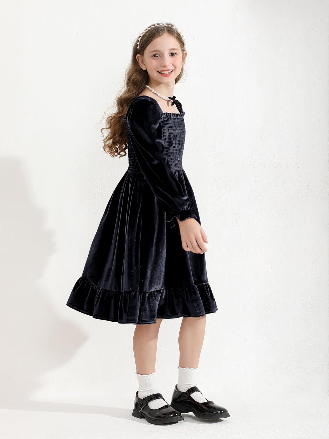 Cubear Toddler Girls Velvet Christmas Dress Puff Long Sleeve Square Neck Fall Winter Holiday Party Dress with Pockets 4-13Y - Image 6
