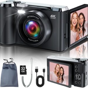 JDZ 4K Digital Camera for Photography and Video, 56MP Autofocus Vlogging Camera for YouTube, 3” 180° Flip Screen, 16X Zoom, Flash, Compact Travel Camera with 32GB Card for Beginners