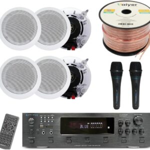 Home Theater System Kit -6 Ch 6000 Watts Bluetooth Amplifier w/ 6 Qty of 5.25″ Ceiling Speakers 175W Each, 2 Qty of Mic, 250 ft Speaker Wire & Remote – for Living Room, Office, Bar by Technical Pro