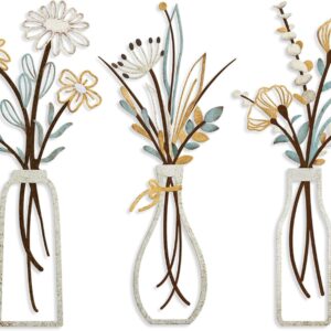 Pigort 3 Pieces Metal Flowers Wall Art- Rustic Farmhouse Decor Minimalist Decor for Living Room Bathroom Bedroom Dining Room, Housewarming Gifts Christmas Decoration(Beige, Vase-C)