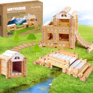 Jovi-mindly＆Notchies 96 PCS Wooden Blocks Wooden Toys with Storage Bag, Preschool Learning Toys Wood Blocks Building for Kids Ages 4-8 Creative Construction Game,FSC Certified,New Year Gifts