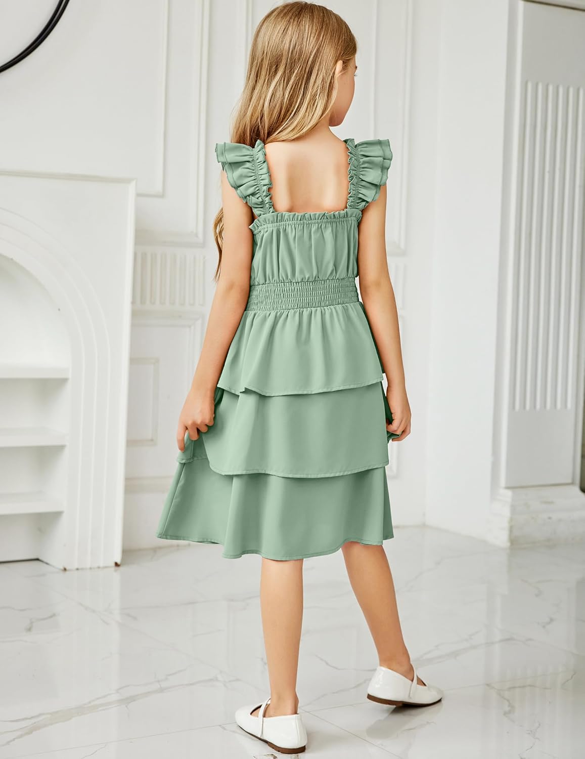 Arshiner Girls Dresses Ruffle Flutter Sleeve Summer Floral Tiered Casual Party Dress for 6-14 Y - Image 8