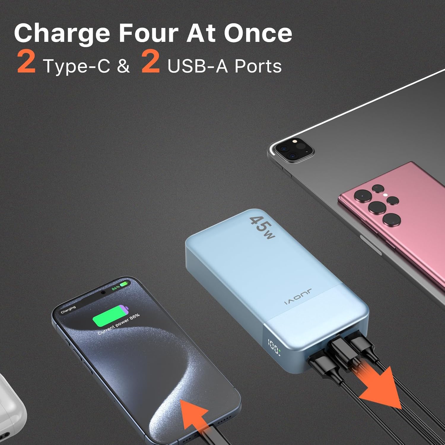 Power Bank, 20000mAh 45W Portable Charger, PD3.0 QC4.0 Fast Charging with LED Display, 2 USB-C, 2 USB-A, Battery Pack for iPhone 15 14 13 Series, MacBook, Galaxy, iPad, and More (Blue) - Image 3