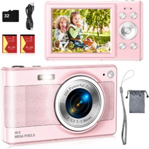 Upgrade Digital Camera, 56MP FHD 1080P Camera for Kids with 16x Zoom Anti Shake, Kid Camera with 32GB TF Card, Two Batteries, Lanyard, Compact Small for Kids Boys Girls（Pink）