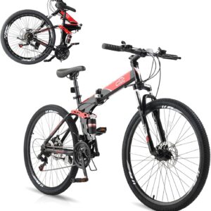 Ktaxon Folding Mountain Bike 21-Speed Adult Bikes 26/27.5 Inch Bike with High Carbon Steel Frame, Double-Kill Disc Brake System, Thickened Shock-Absorbing Front Fork