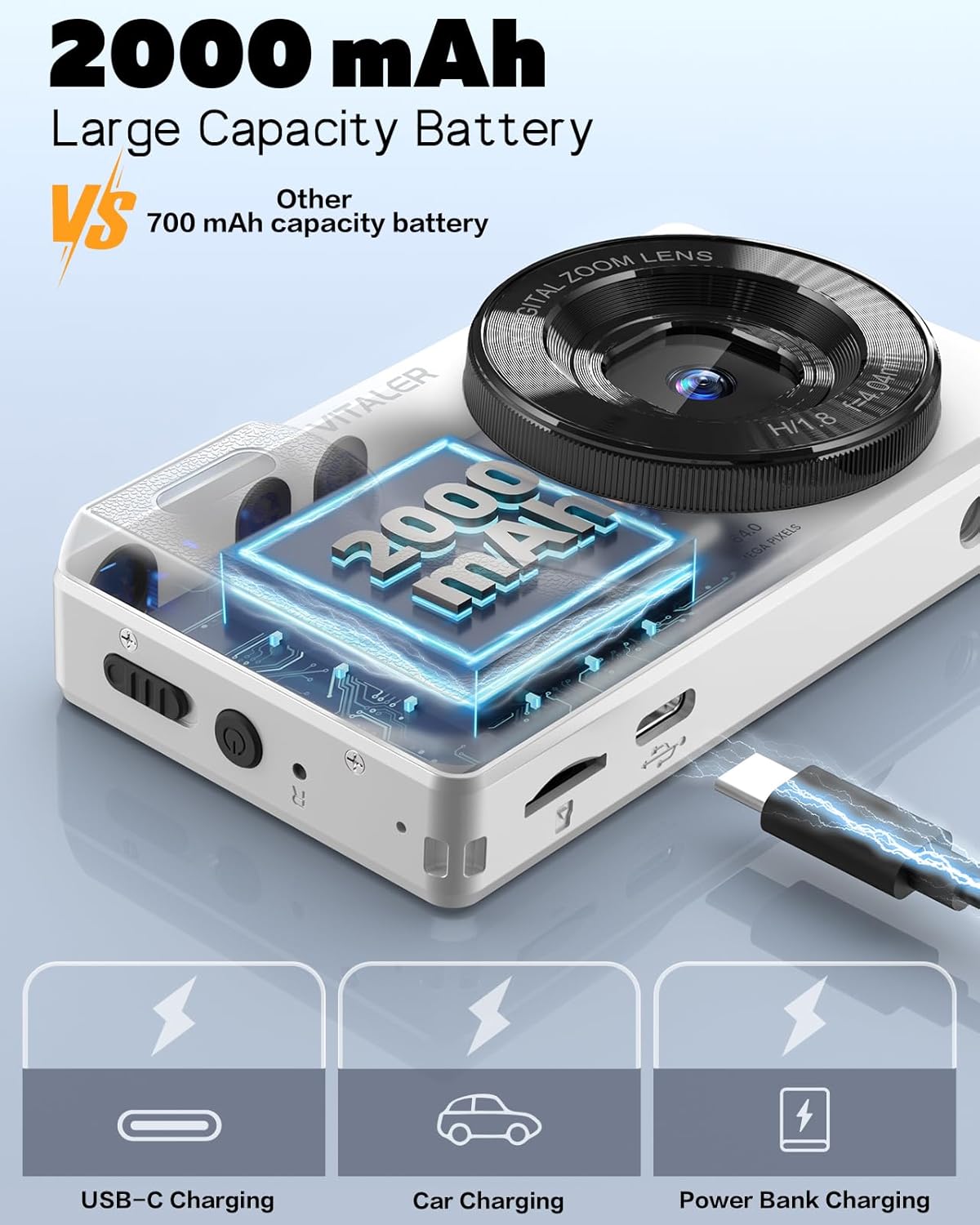 Digital Camera with Front Rear Lens, Autofocus 64MP 4K Camera for Photography with 32GB Card, Portable Compact Point and Shoot Camera for Teens Adult Beginner with Metal Shell, 2000mAh Battery - Image 3