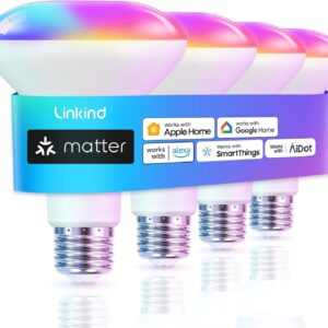 Linkind Matter Smart Light Bulb, BR30 Smart Bulbs, Recessed LED Color Changing Light Bulbs RGBTW, E26 Smart Flood Light Bulbs 650LM 60W Work with Alexa, Apple Home, Google Home, SmartThings, 4Pack