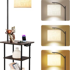 PESRAE Floor Lamp with Table, End Tables with Charging Station(USB & Type-C & AC Port), 3 Color Temperatures 9W LED Bulb, Modern Shelves Side Table for Bedroom, Living Room