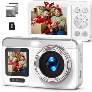 5K Digital Camera, 80MP Dual Screen Autofocus Vlogging Camera, 18X Zoom Point and Shoot Camera for Photography, Flash, 32GB Card, 2 Batteries, Compact Camera for Teens Adults (White)