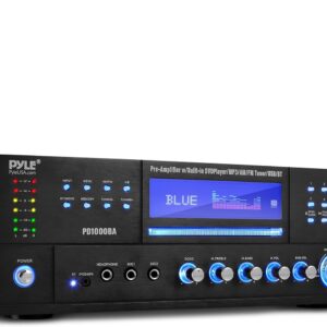 Pyle 4-Channel 1000W Power Amplifier with Bluetooth – Wireless Stereo Home Audio Receiver w/ Front Loading CD DVD Player, FM Radio, USB-A, Headphone, 2 Microphone w/ Echo, LED, Rack Mount – PD1000BA