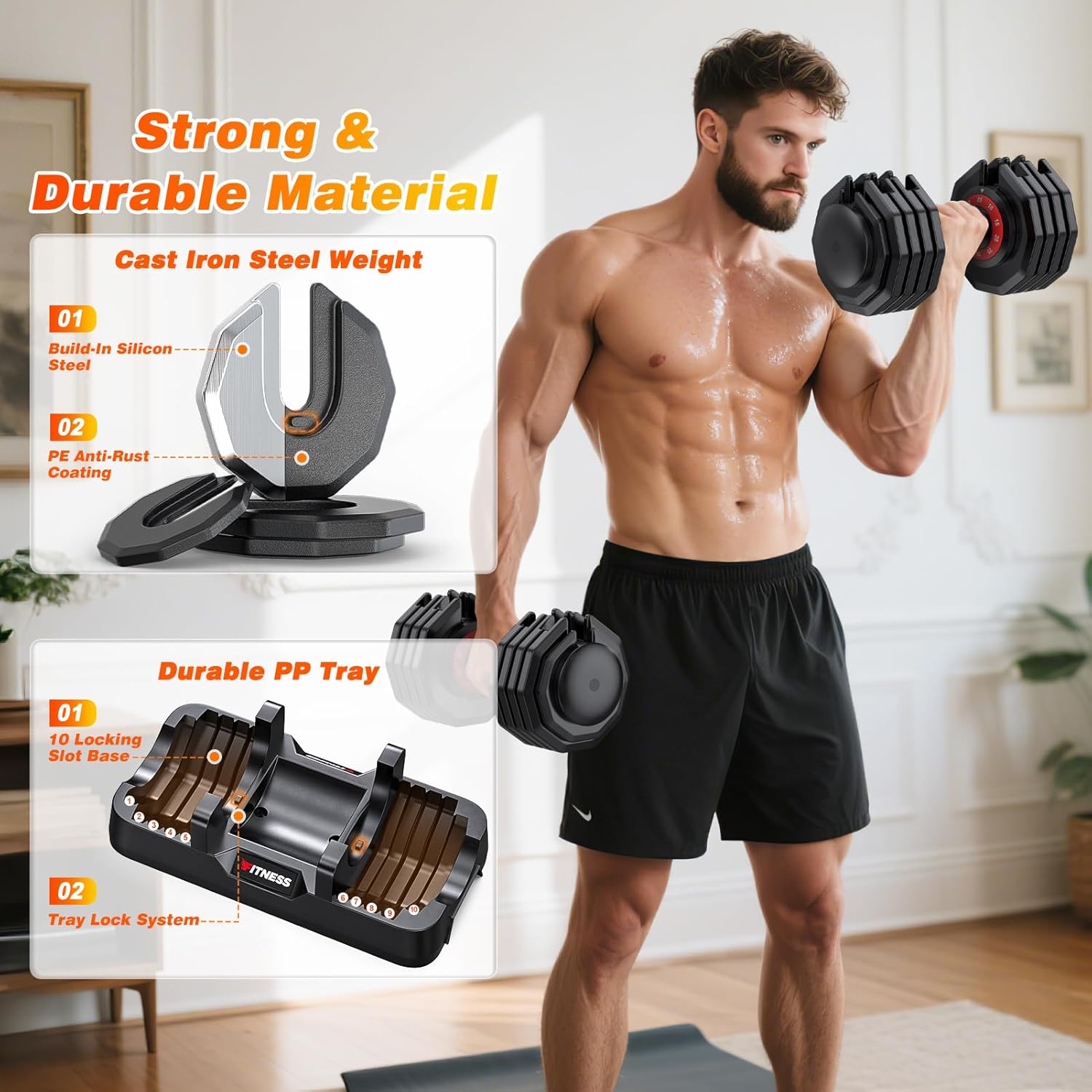 XDDIAS Adjustable Dumbbell Set of 2, 25/55/80LB Dumbbell Set-Fast Adjust Weights Set, 5/10/16 in 1 Free Weights Dumbbells Set with Anti-Slip Metal Handle, Compact Size for Men/Women Home Gym Equipment - Image 4