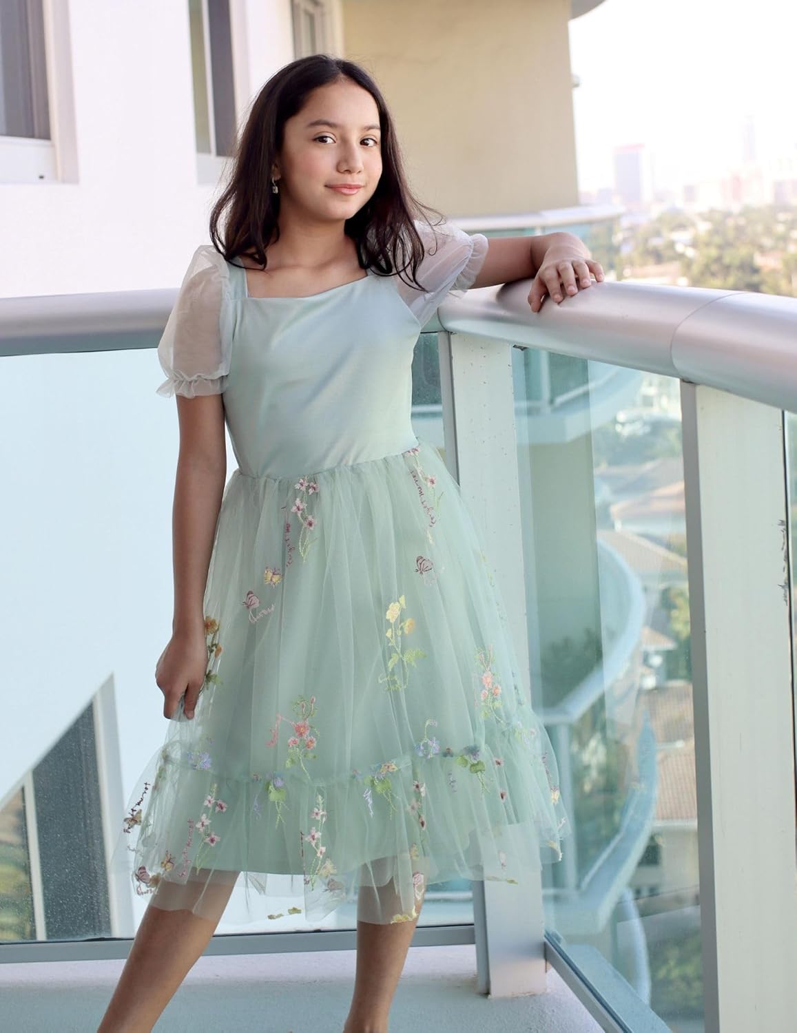 Arshiner Girls Dresses Tulle Bow Tie Back Puff Sleeve Party Holiday Spring Summer Dress for 6-16 - Image 6